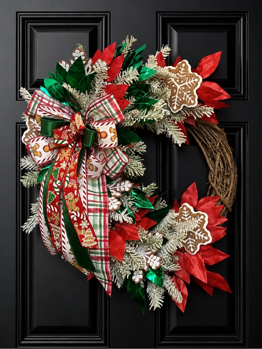 Festive Red & Green Holiday Wreath with Plaid Ribbon - Home Holiday
